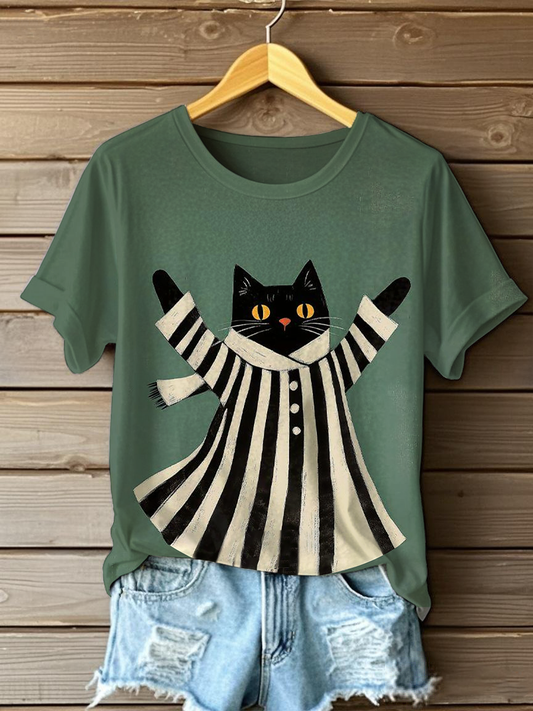 Women's Cat Art Print Casual T-shirt