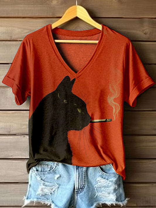 Women's Smoking Black Cat Print V-Neck T-Shirt