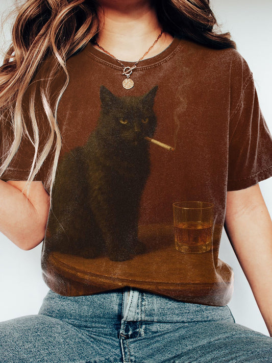 Women's Smoking Black Cat Print Vintage T-shirt