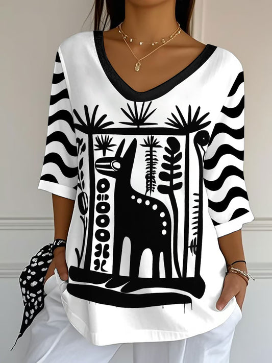 Women's Mexican Folk Art Animal V-Neck T-Shirts