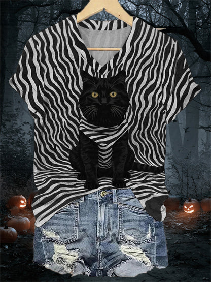 Women's Black Cat Stripes Print Casual V-Neck Tee