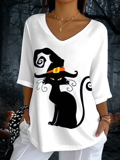 Women's Halloween Black Cat Print V-Neck T-Shirt