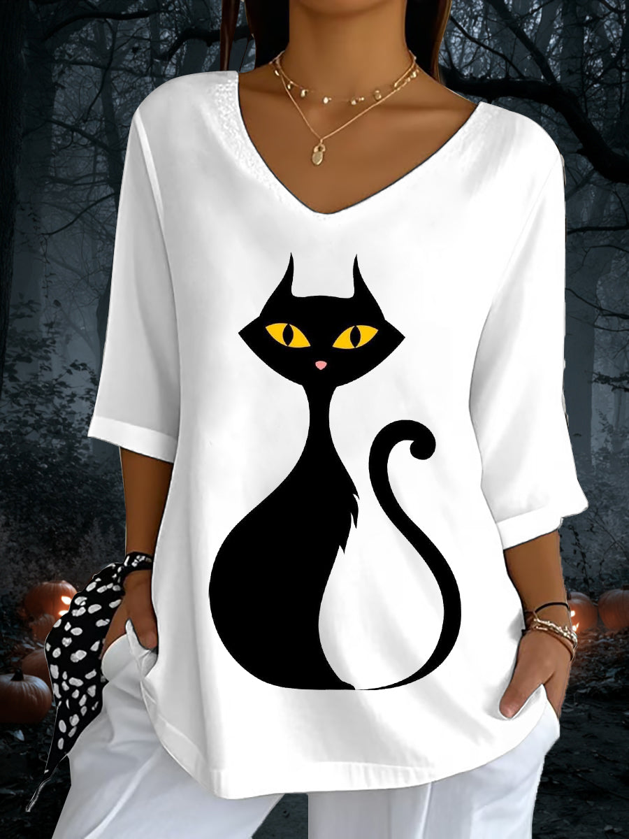 Women's Halloween Black Cat Print V-Neck T-Shirt