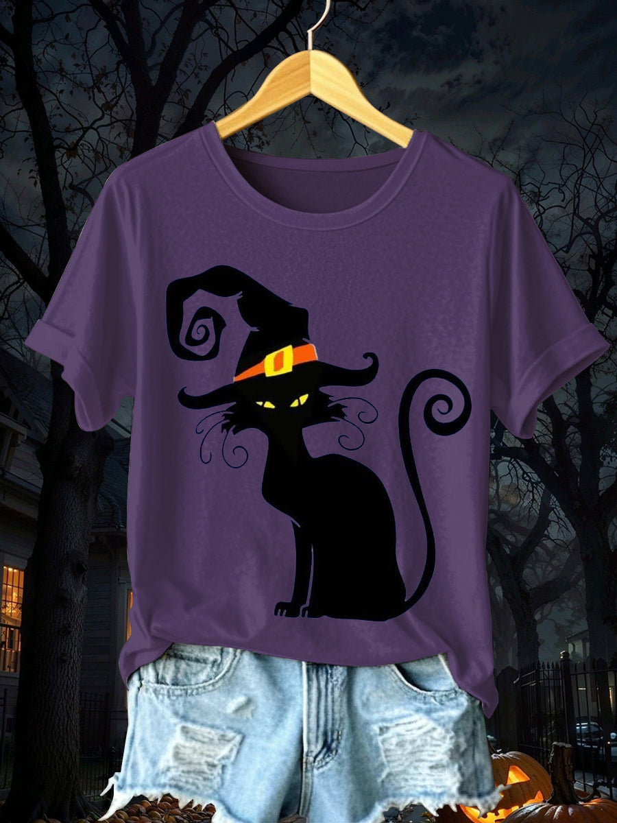 Women's Halloween Black Cat Short Sleeve T-Shirt