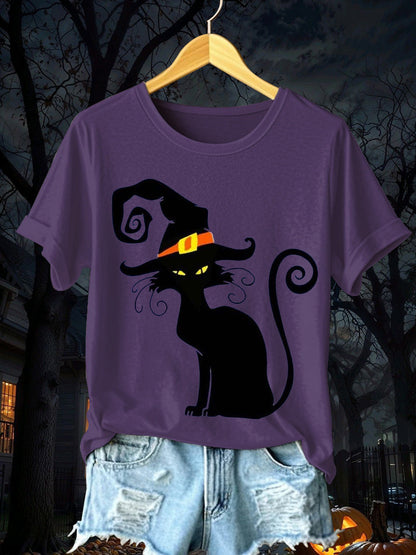 Women's Halloween Black Cat Short Sleeve T-Shirt