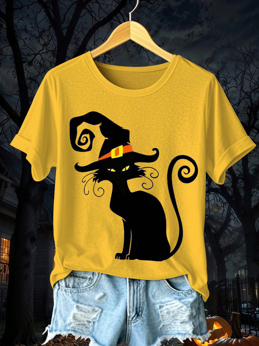 Women's Halloween Black Cat Short Sleeve T-Shirt