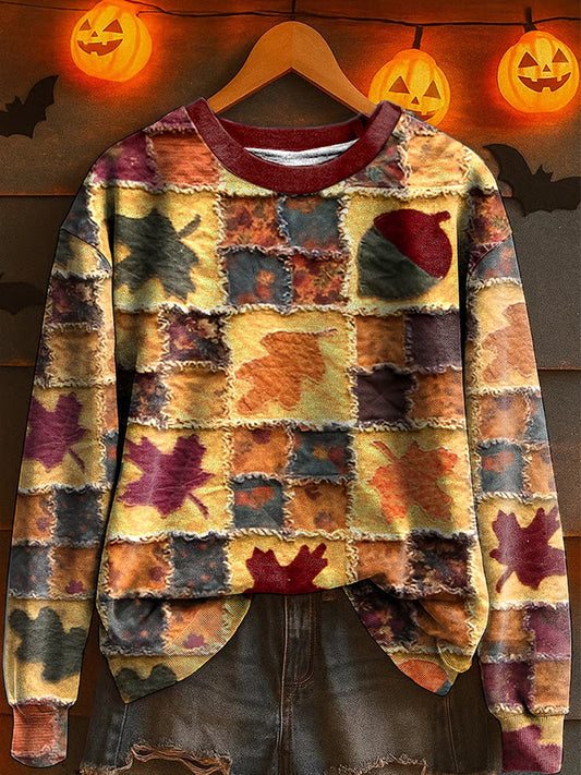 Women's Casual Retro Autumn Maple Leaf Patch Printed Sweatshirt