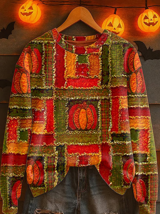 Women's Autumn Pumpkin Grid Colorblock Crew Neck Sweater