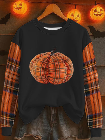 Women's Autumn Pumpkin Grid Crew Neck Sweater