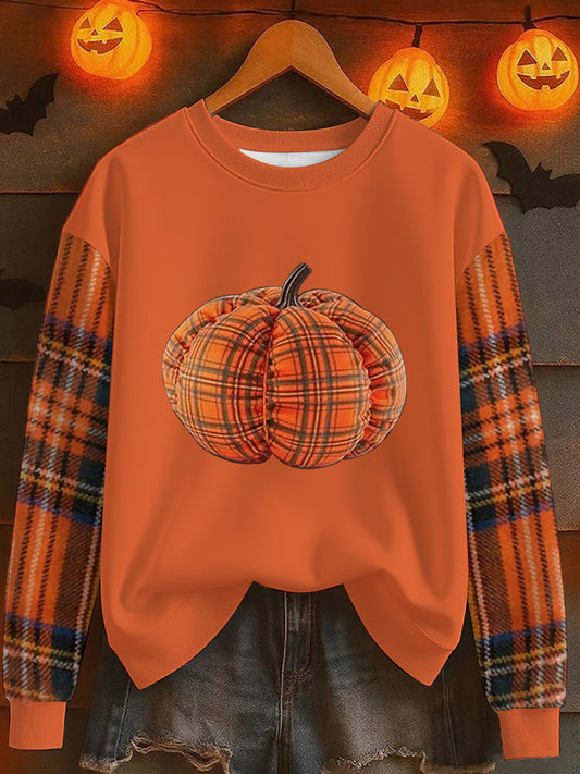 Women's Autumn Pumpkin Grid Crew Neck Sweater