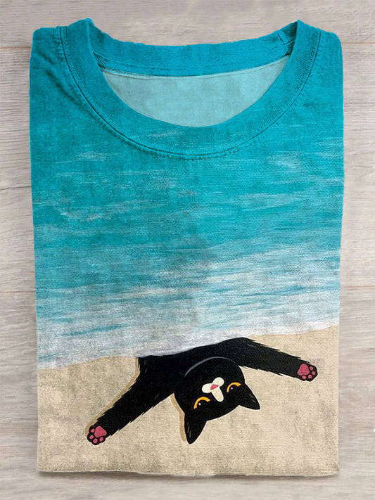 Unisex Funny Cat Beach Quilt Art Print T-Shirt