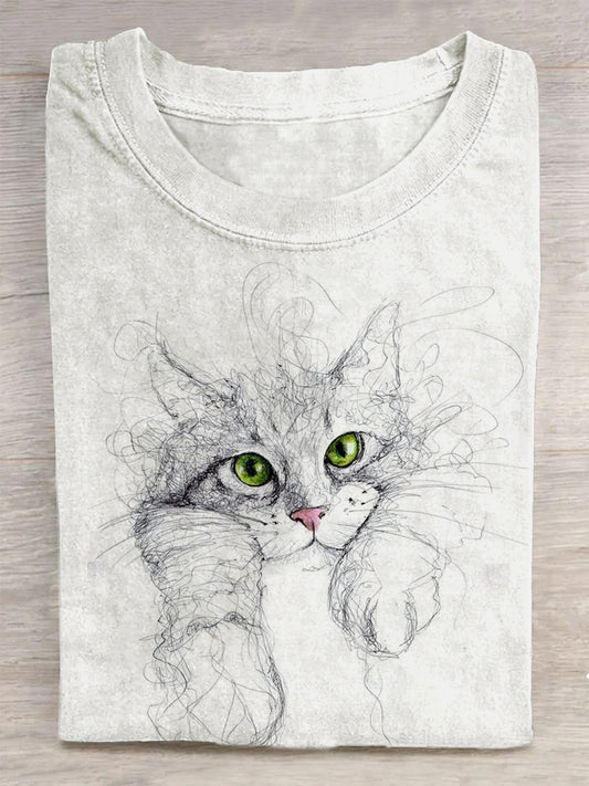 Unisex Cute Cat Line Drawing Art Print T-Shirt