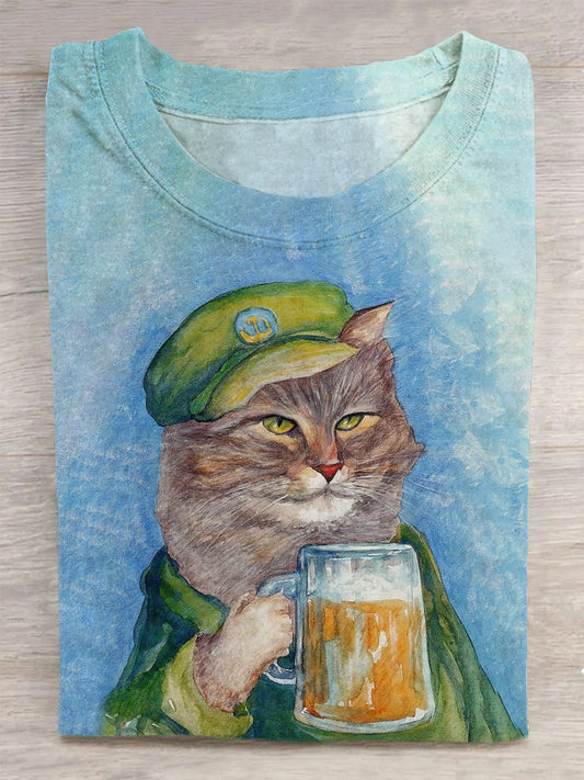 Unisex Beer-Drinking Cat Art Print T-Shirt