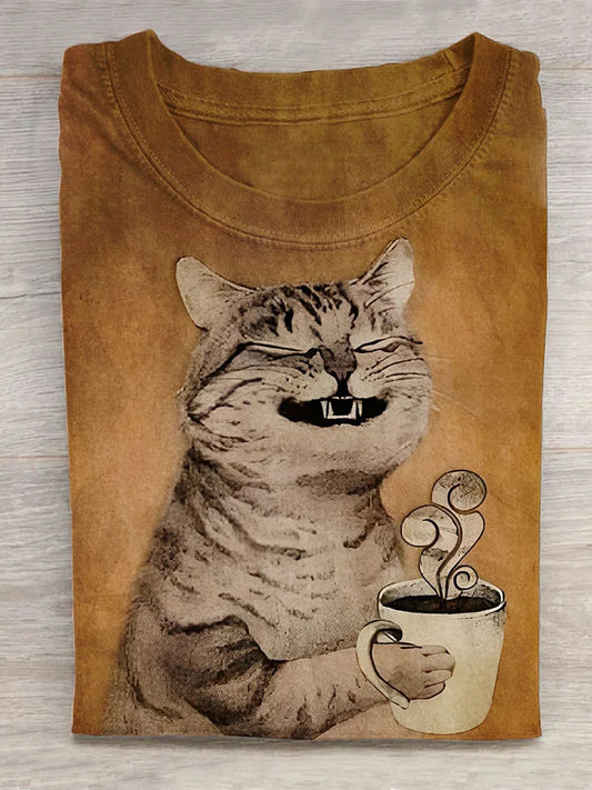 Unisex Cat Drinking Coffee Art Abstract Print T-Shirt