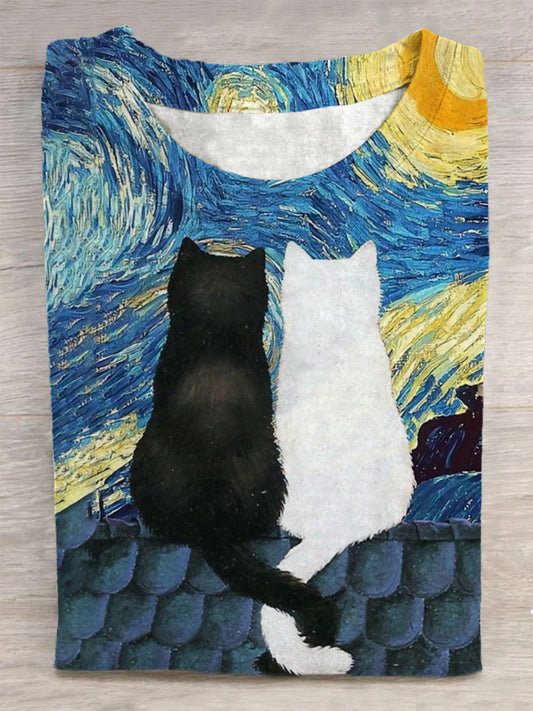 Unisex Cat Patch Oil Painting Print T-Shirt