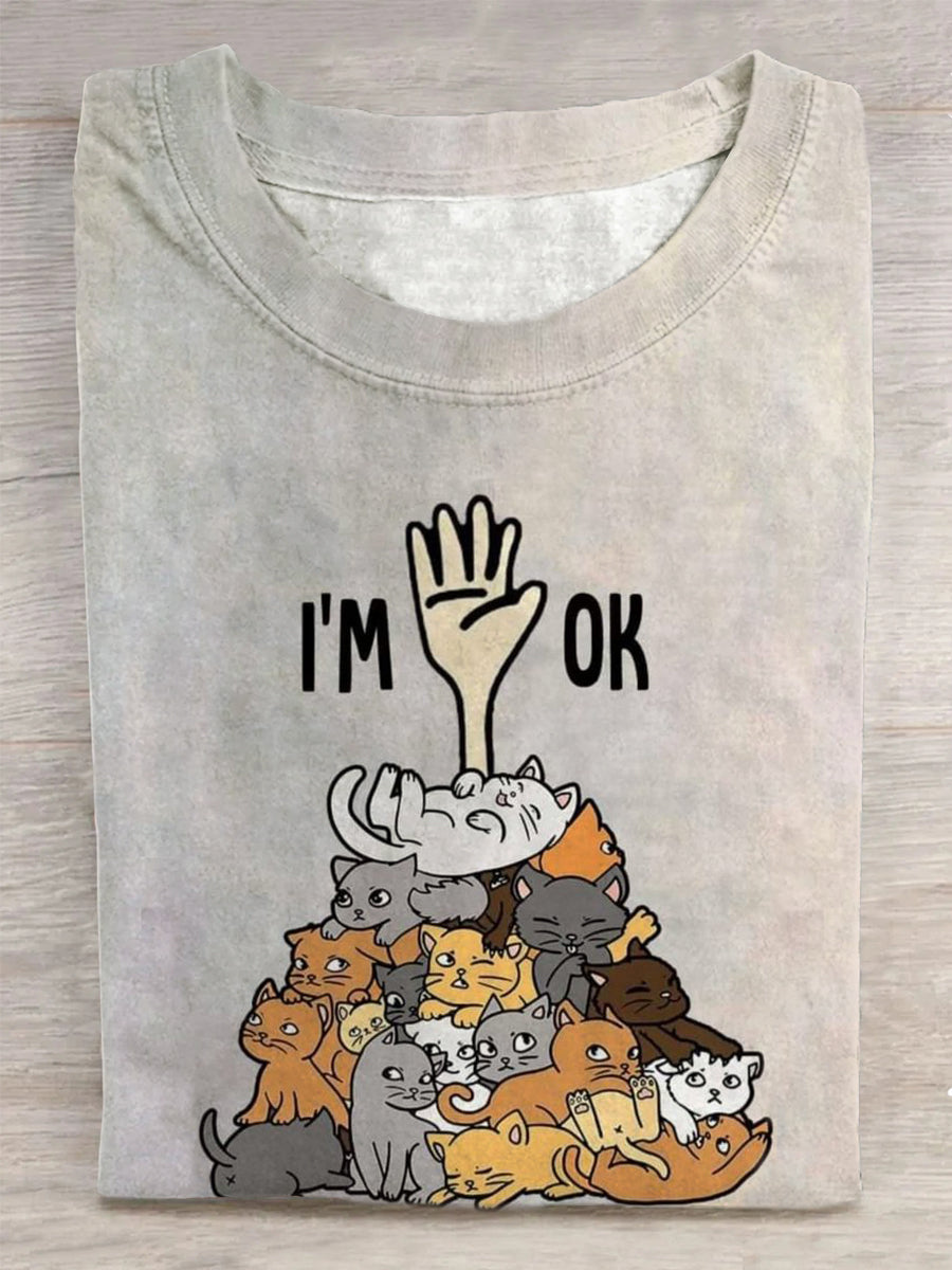 Unisex I'm Ok Cat Print T-Shirt