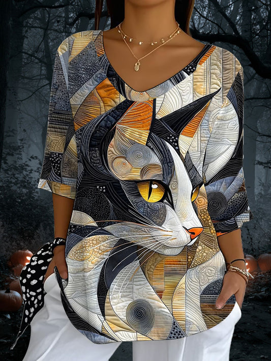 Women's Halloween Black Cat Print Casual Half Sleeve Top