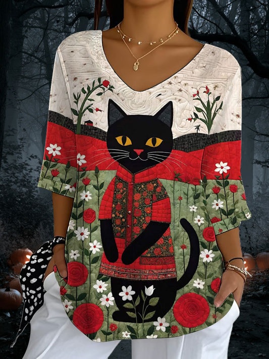 Women's Halloween Black Cat Print Casual Half Sleeve Top