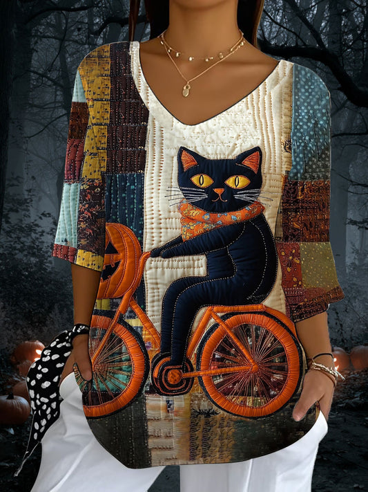 Women's Halloween Black Cat Print Casual Half Sleeve Top