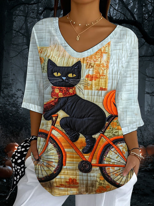 Women's Halloween Black Cat Print Casual Half Sleeve Top