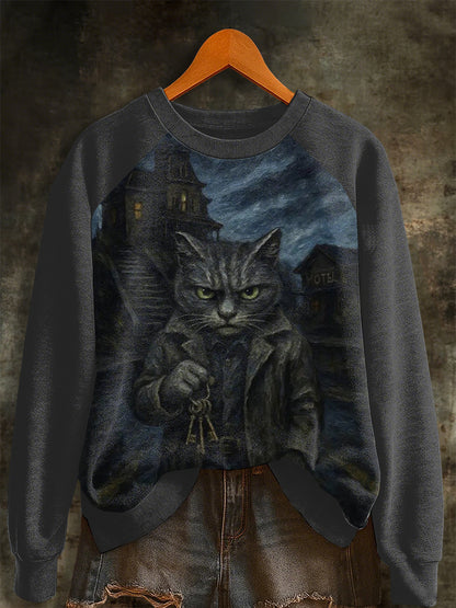 Women's Halloween Horror Movie Cat Raglan Sleeve Sweatshirt