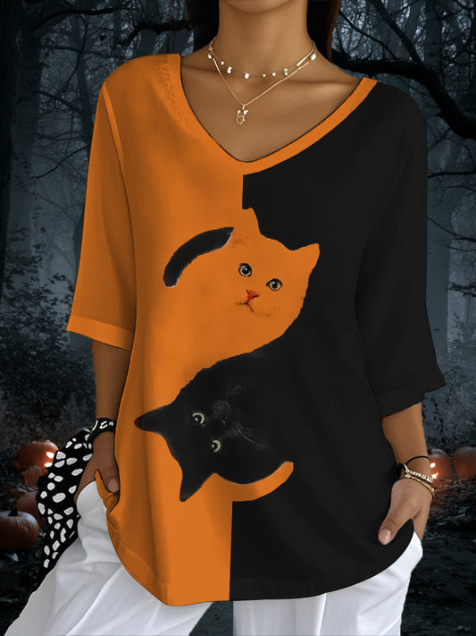 Women's Black Cat Print Casual Half-Sleeve Top