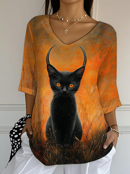 Women's Black Cat Print Casual Half-Sleeve Top