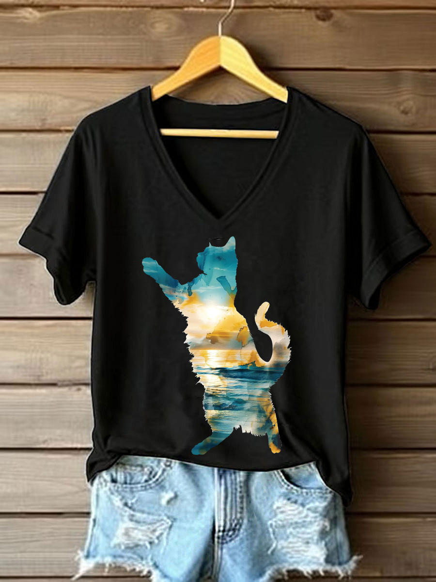 Women's Cat Art Print Casual T-shirt