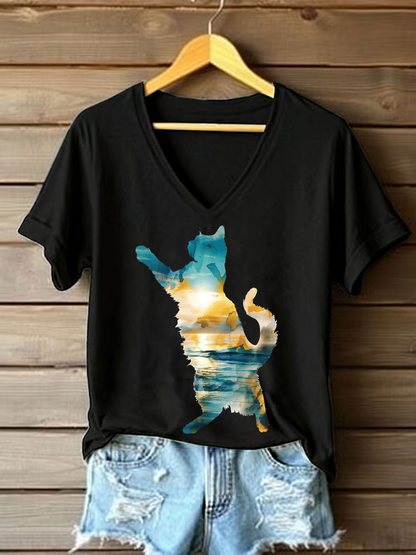 Women's Cat Art Print Casual T-shirt