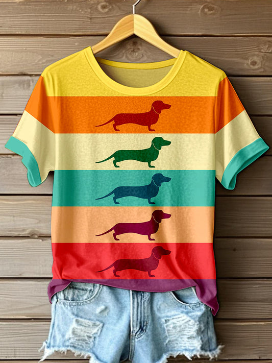 Women's Dachshund Colorful Striped Print T-Shirt