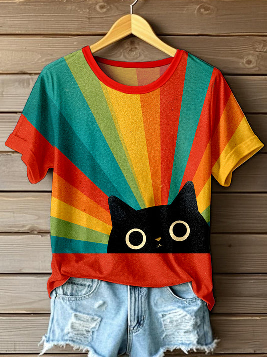 Women's Cat Colorful Striped Print T-Shirt