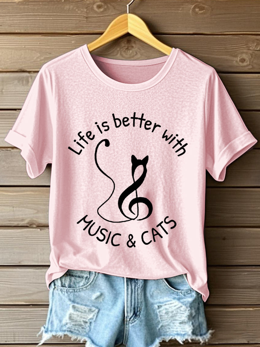 Women's Life Is Better With Music & Cats Print T-Shirt