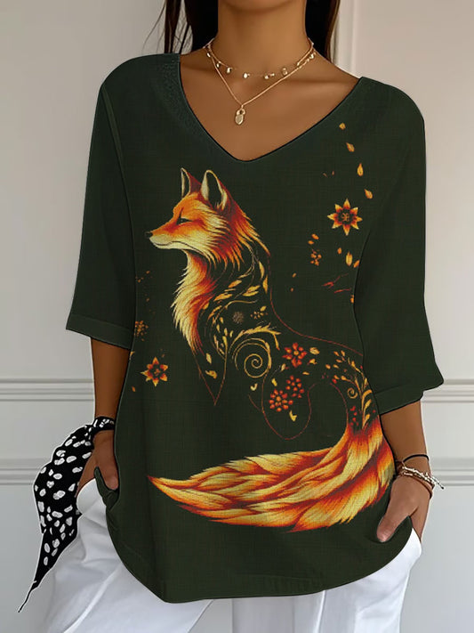 Women's Fall Leaf Fox Printed V-Neck Top
