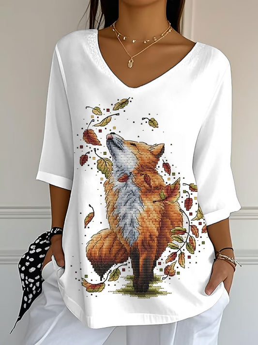 Women's Fall Leaf Fox Printed V-Neck Top