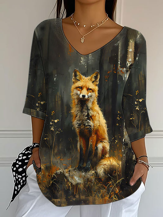Women's Fall Leaf Fox Printed V-Neck Top