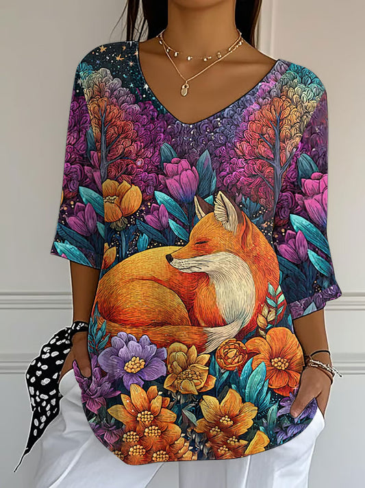 Women's Fall Leaf Fox Printed V-Neck Top