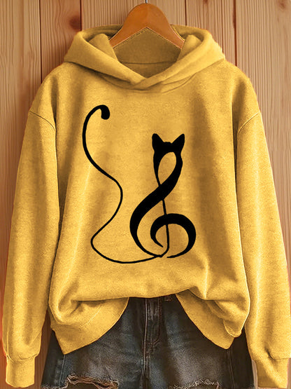 Women's Music Note Inspired Cat Print Hoodie