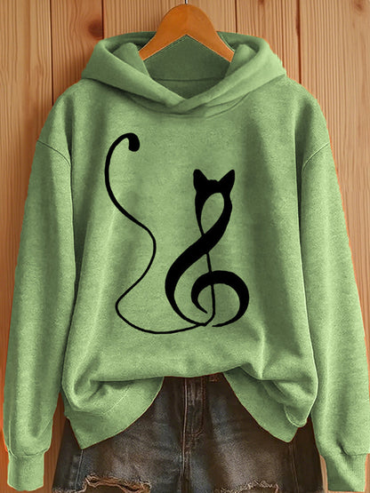 Women's Music Note Inspired Cat Print Hoodie