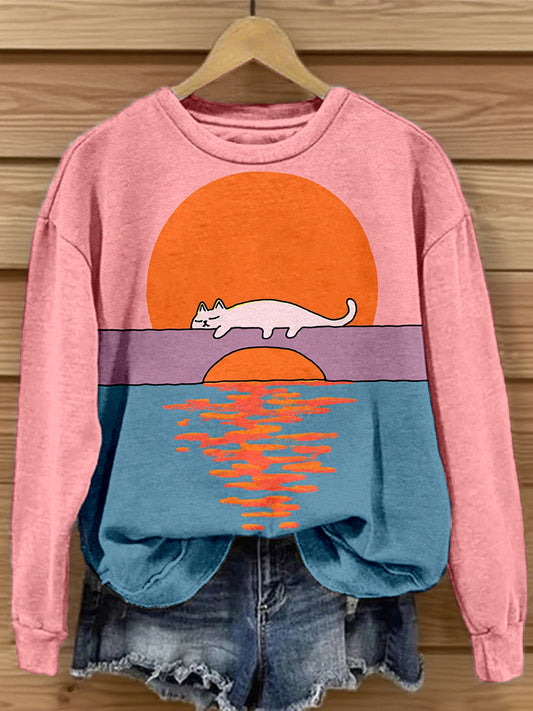 Women's Cute Cat Landscape Art Print Sweatshirt