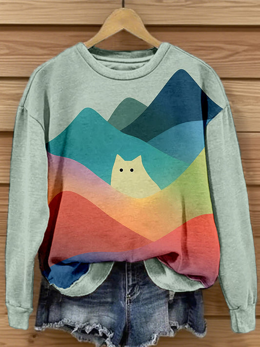 Women's Funny Cat Landscape Art Print Sweatshirt