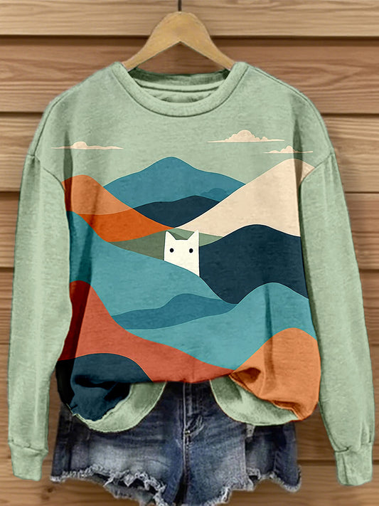 Women's Funny Cat Landscape Art Print Sweatshirt