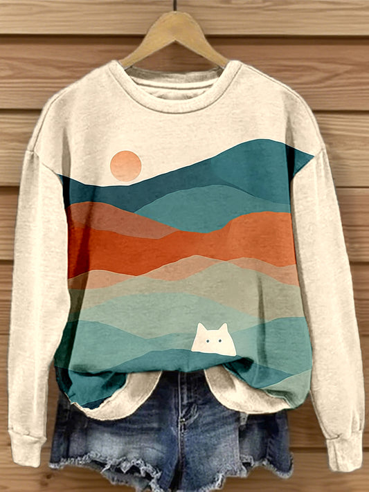 Women's Cat Landscape Art Print Sweatshirt
