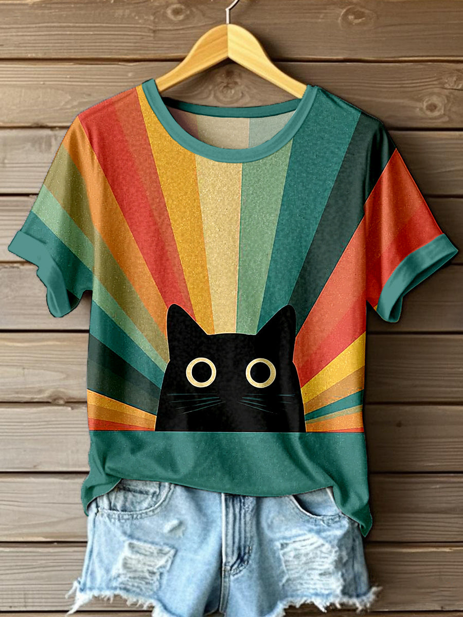 Women's Vintage Striped & Cat Print T-Shirt
