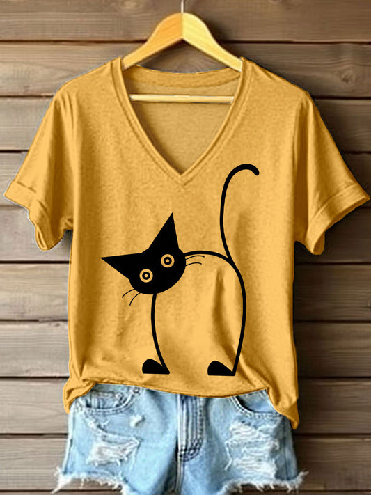 Women's Funny Cat Print V-Neck T-Shirt