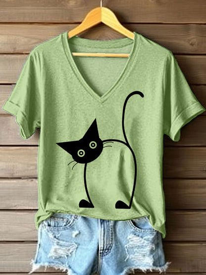 Women's Funny Cat Print V-Neck T-Shirt