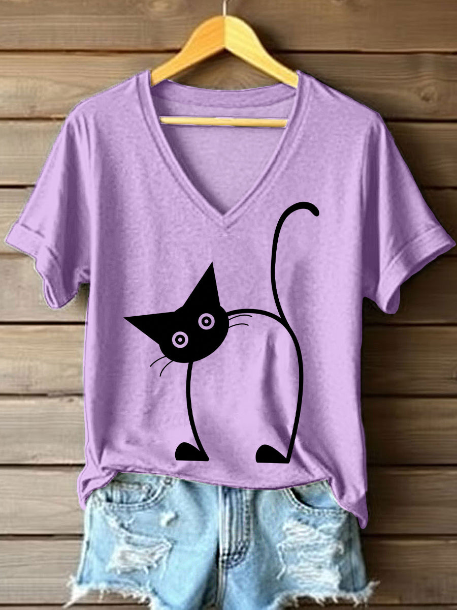 Women's Funny Cat Print V-Neck T-Shirt