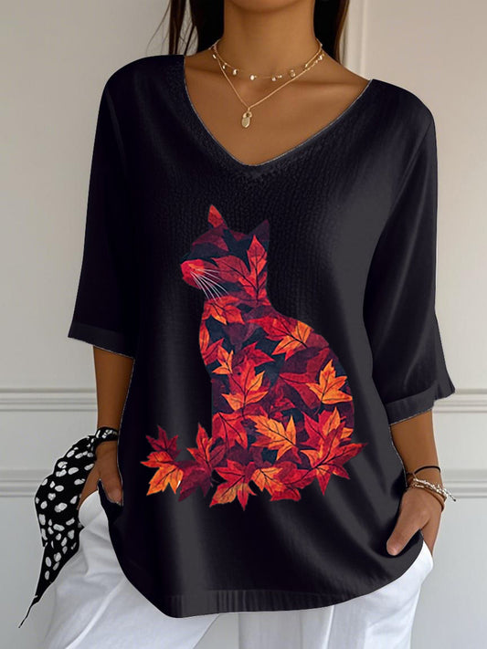 Women's Casual Autumn Leaves Cat Printed V-Neck Top