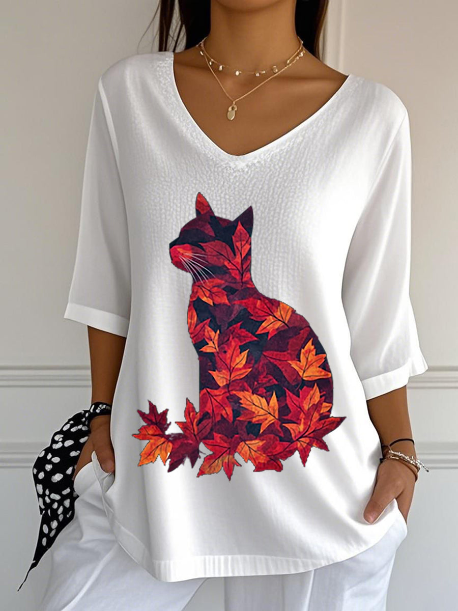 Women's Casual Autumn Leaves Cat Printed V-Neck Top