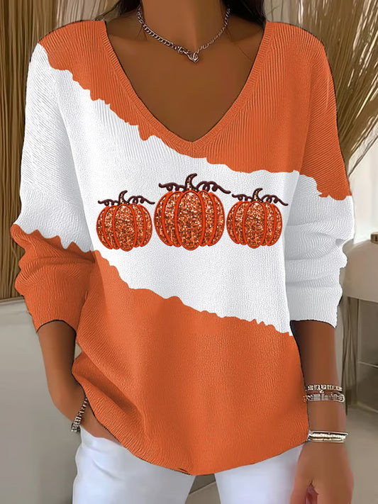 Women's Fall Pumpkin Print Casual V-Neck Long Sleeve Top