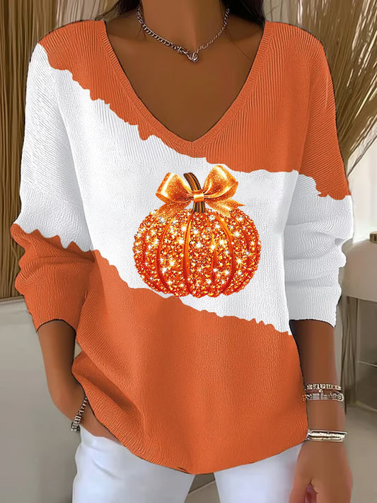 Women's Fall Pumpkin Print Casual V-Neck Long Sleeve Top